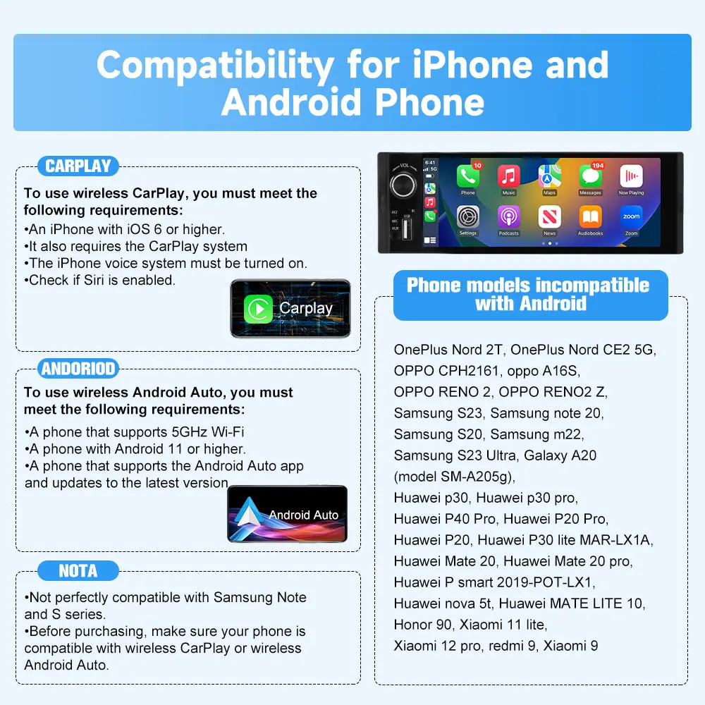 AWESAFE 6.36'' Single Din Car Radio IPS Touchscreen with Wireless CarPlay & Android Auto,Bluetooth & Backup Camera,FM/EQ,USB,Mirror link – Image 9