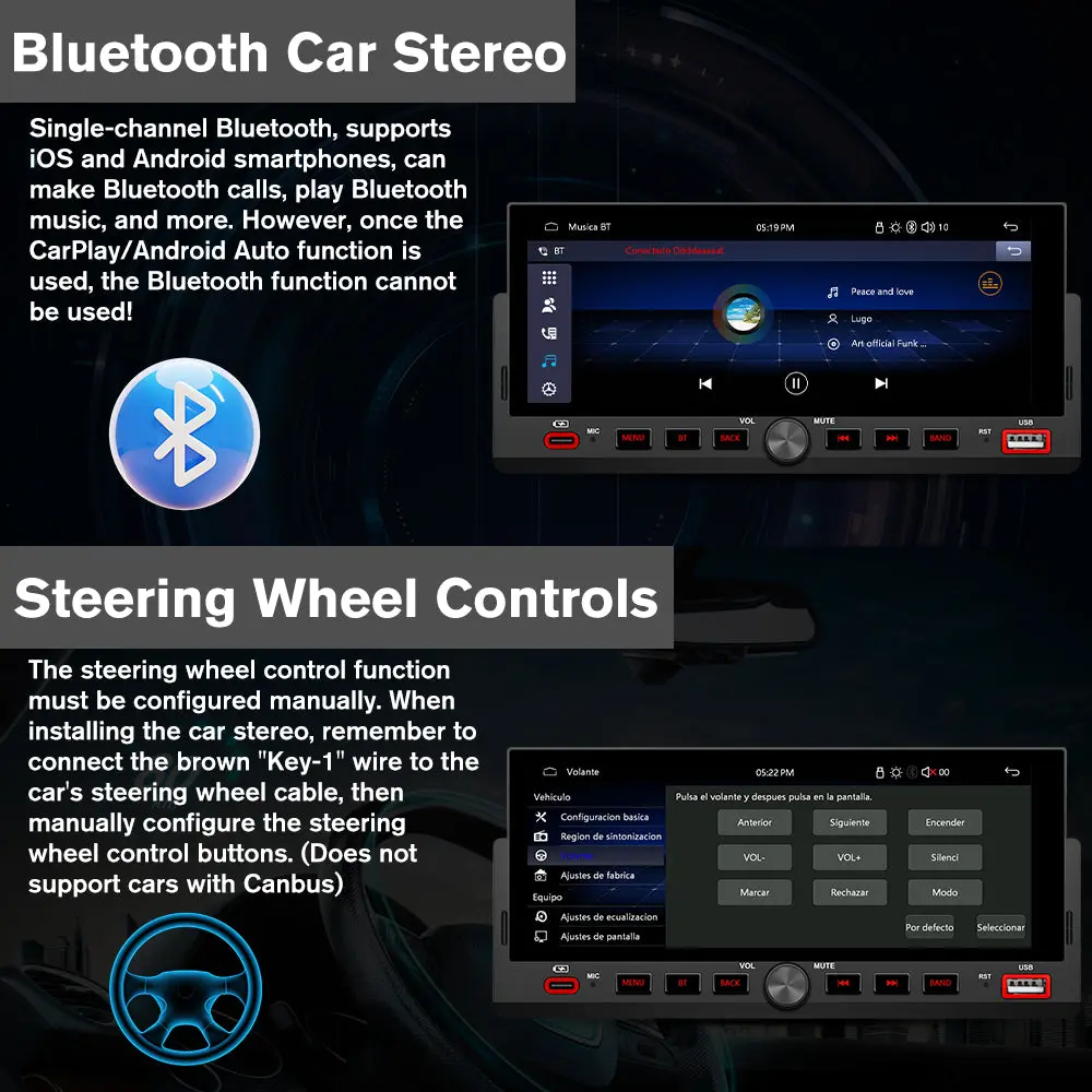 AWESAFE 6.86'' 1 DIN Universal Carplay & Android Auto TouchScreen Car Radio,with GPS FM Steeling Wheel Control Bluetooth Rear Camera Microphone – Image 4