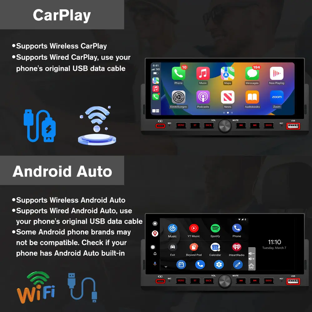 AWESAFE 6.86'' 1 DIN Universal Carplay & Android Auto TouchScreen Car Radio,with GPS FM Steeling Wheel Control Bluetooth Rear Camera Microphone – Image 5