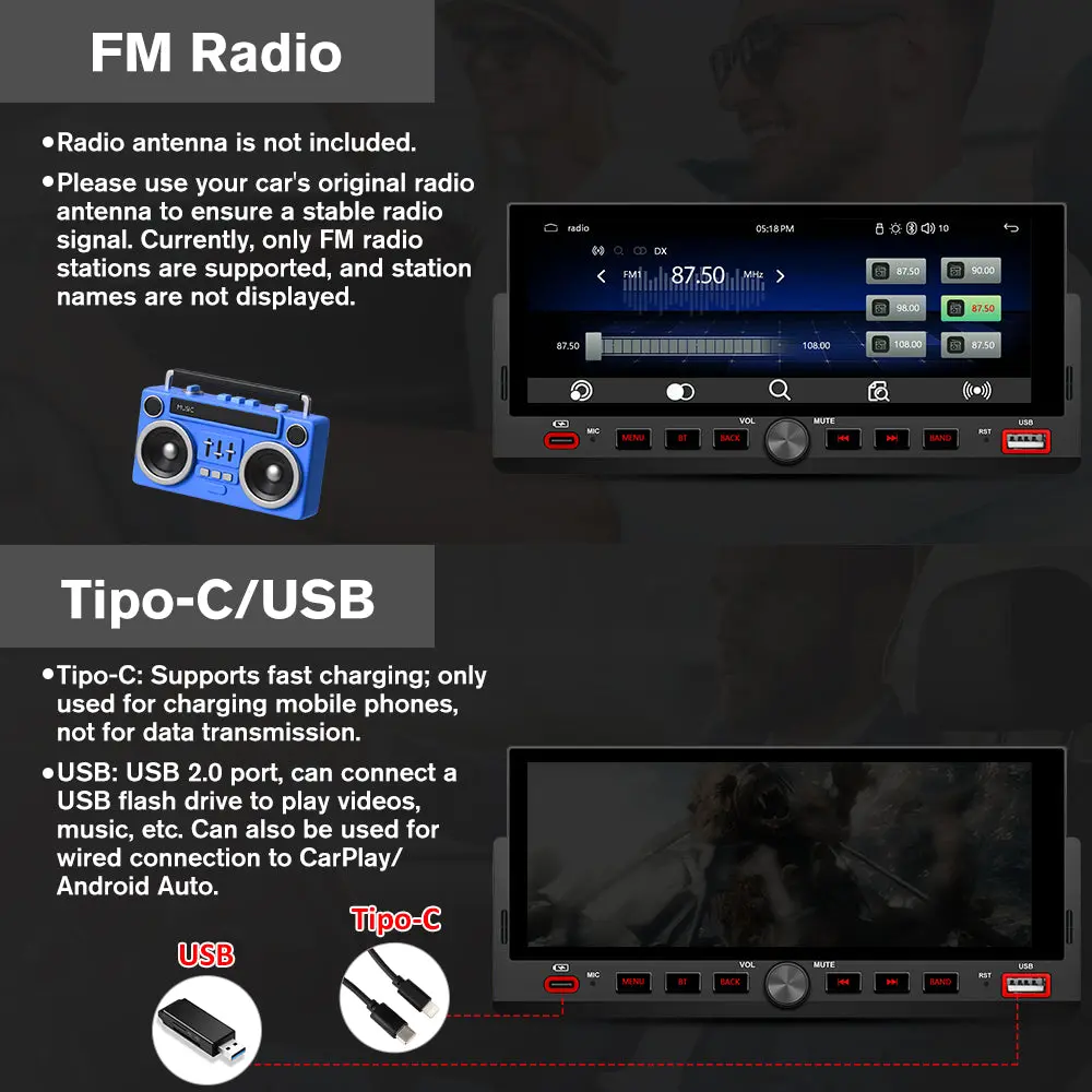 AWESAFE 6.86'' 1 DIN Universal Carplay & Android Auto TouchScreen Car Radio,with GPS FM Steeling Wheel Control Bluetooth Rear Camera Microphone – Image 6