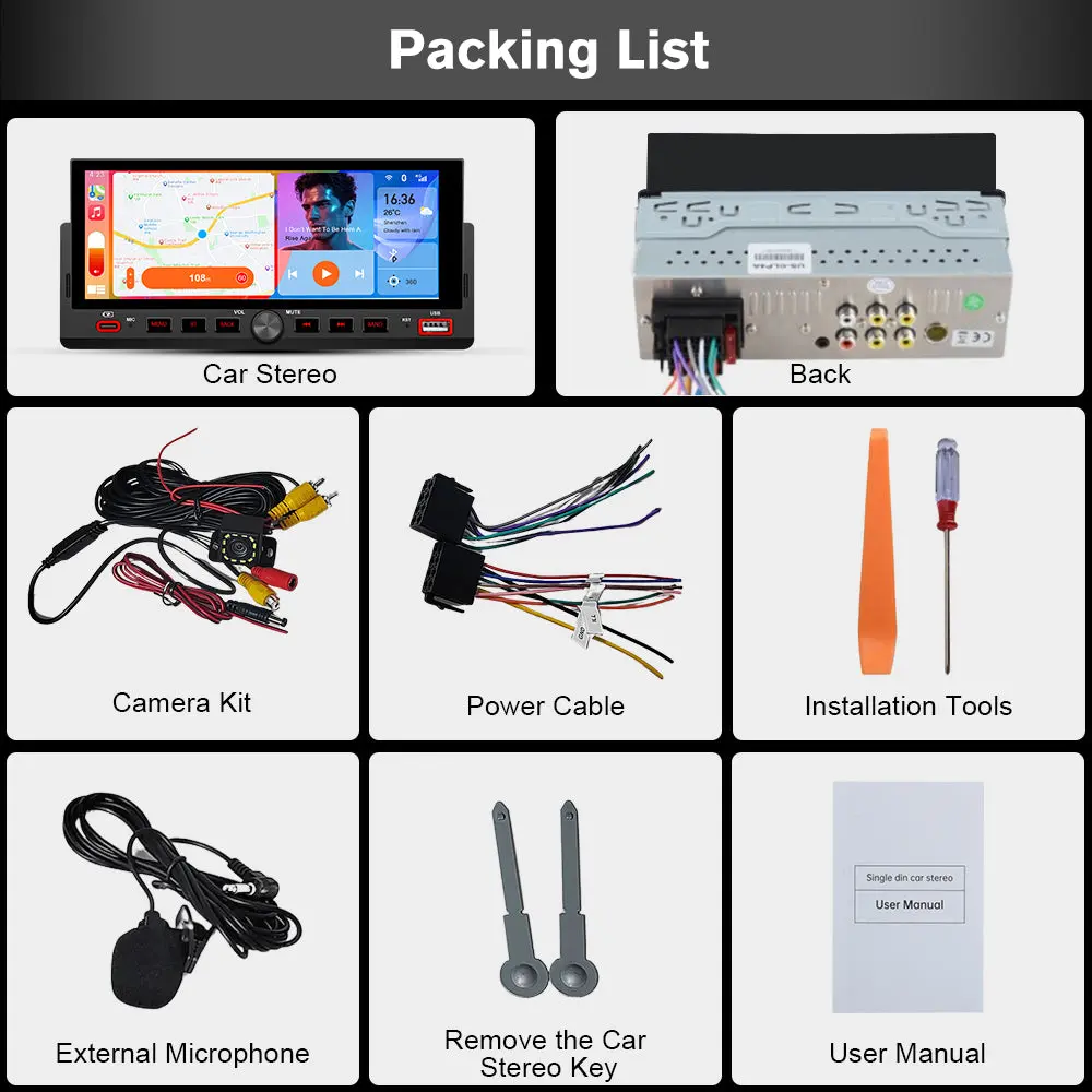 AWESAFE 6.86'' 1 DIN Universal Carplay & Android Auto TouchScreen Car Radio,with GPS FM Steeling Wheel Control Bluetooth Rear Camera Microphone – Image 9