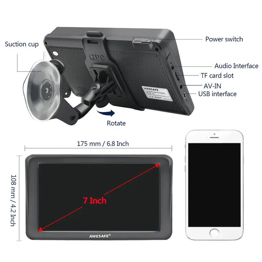 AWESAFE 7-Inch GPS Navigator with Sun Visor, Bluetooth, and Lifetime Map Updates for Europe – Image 3