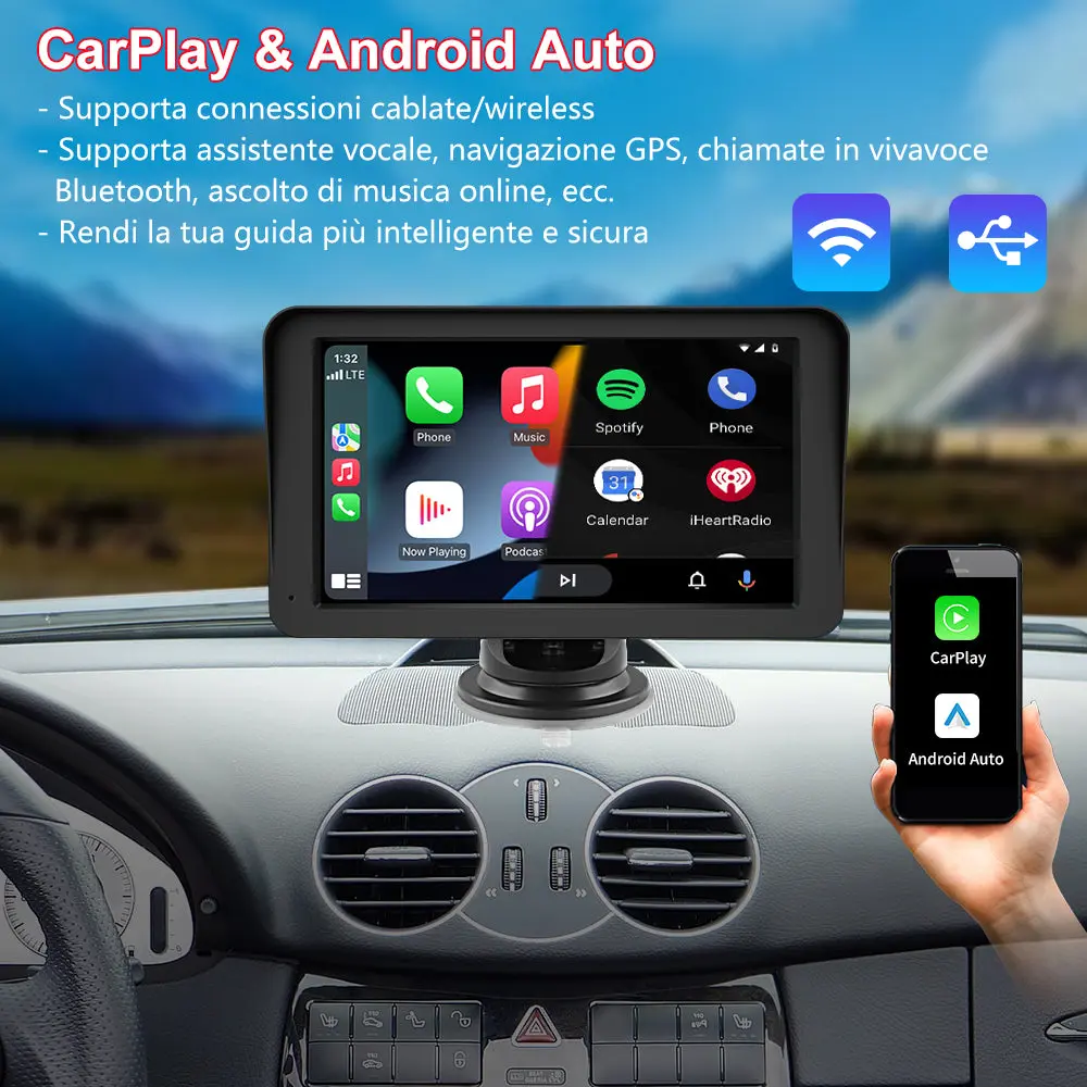 AWESAFE 7 Pollici Portatile CcarPlay Auto Supporta Cablato/Wireless CarPlay-Connessione con telecamera di retromarcia, Mirror Link, Bluetooth 5.0 /FM/AUXPer 12-24V Auto – Image 3