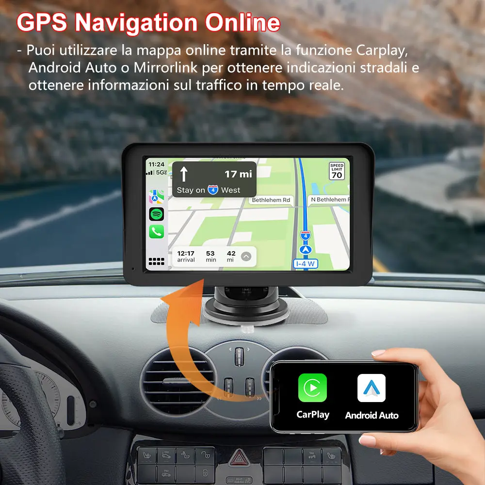 AWESAFE 7 Pollici Portatile CcarPlay Auto Supporta Cablato/Wireless CarPlay-Connessione con telecamera di retromarcia, Mirror Link, Bluetooth 5.0 /FM/AUXPer 12-24V Auto – Image 4