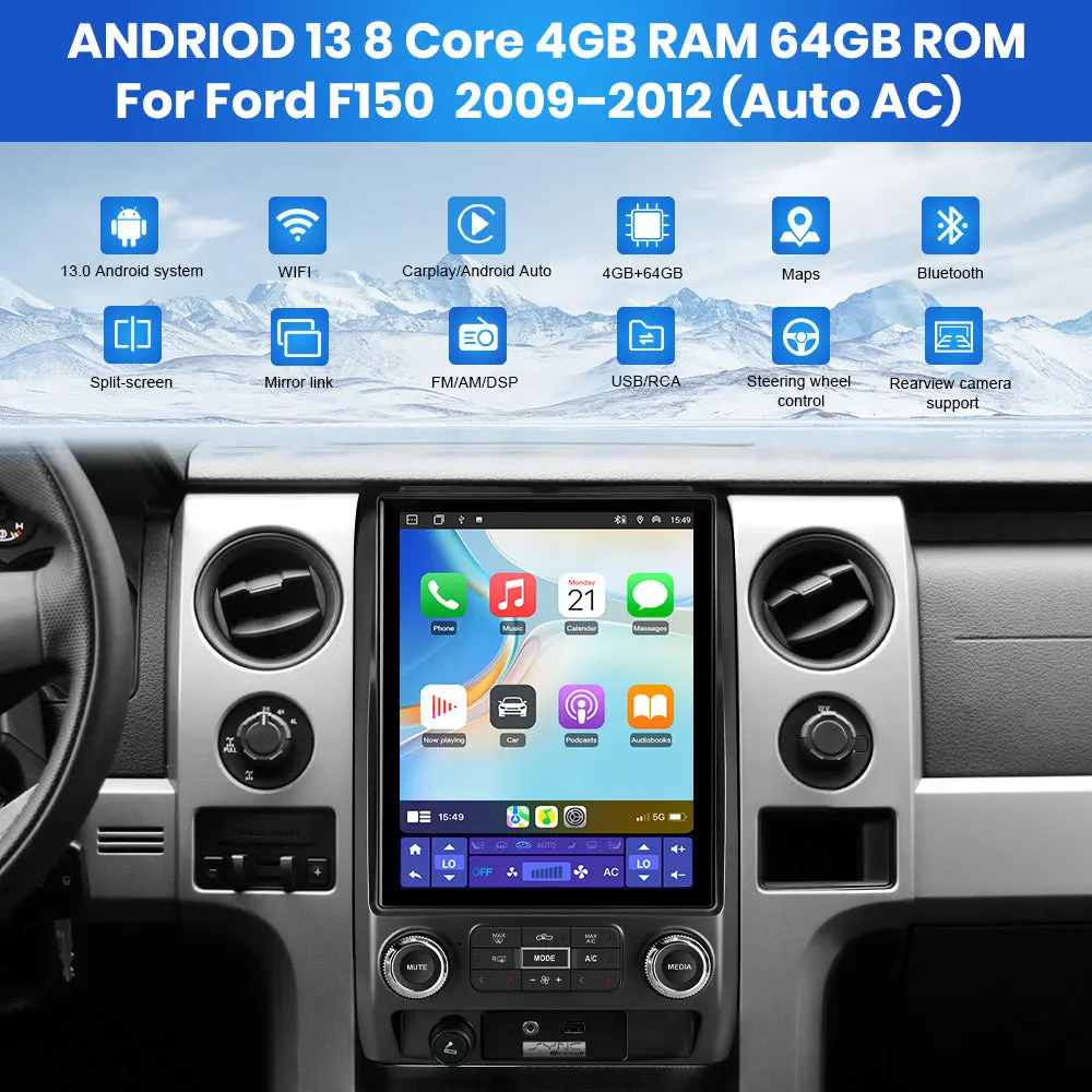 AWESAFE 8-Core 4GB+64GB Car Radio Stereo for Ford F150 2009-2012, Android 13 12.1 Inch T-StyleTouch Screen Stereo, Wireless Apple CarPlay & Android Auto, GPS, WiFi, Bluetooth, DSP, Backup Camera – Image 6