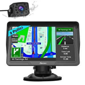 AWESAFE Navigatore GPS Auto Integrato 9 Pollici Schermo Touch Bluetooth WiFi FM Telecamera Retrovisiva Avvisi Sicurezza Tempo Reale Aggiornamenti Mappe Gratuiti