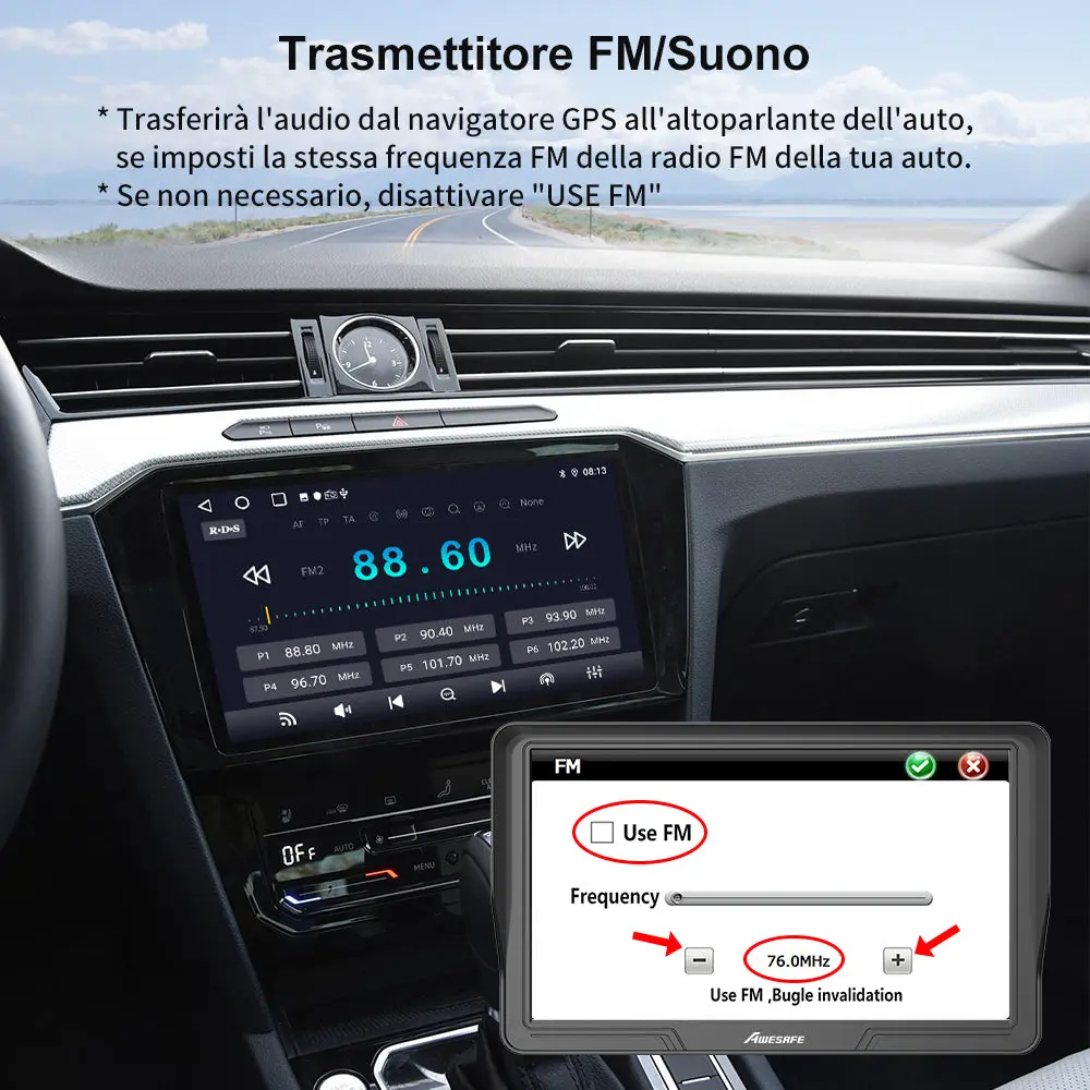 AWESAFE Navigatore GPS Auto Integrato 9 Pollici Schermo Touch Bluetooth WiFi FM Telecamera Retrovisiva Avvisi Sicurezza Tempo Reale Aggiornamenti Mappe Gratuiti – Image 4