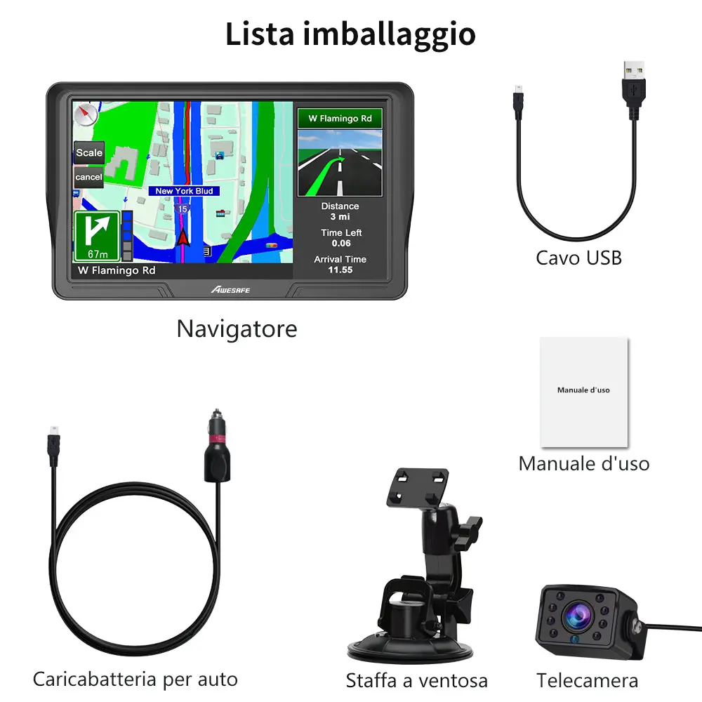 AWESAFE Navigatore GPS Auto Integrato 9 Pollici Schermo Touch Bluetooth WiFi FM Telecamera Retrovisiva Avvisi Sicurezza Tempo Reale Aggiornamenti Mappe Gratuiti – Image 8