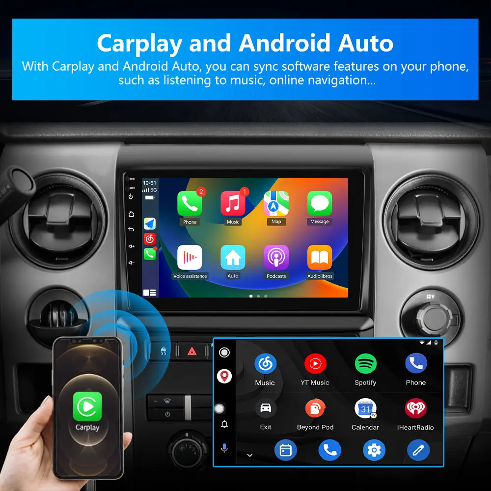 AWESAFE 9 inch Car Radio for Ford F150 2009-2012(Only Fit Manual AC)with Wireless CarPlay Android Auto Bluetooth/GPS/WiFi/Back-up Camera/SWC/FM/Type-C/USB/DSP – Image 5