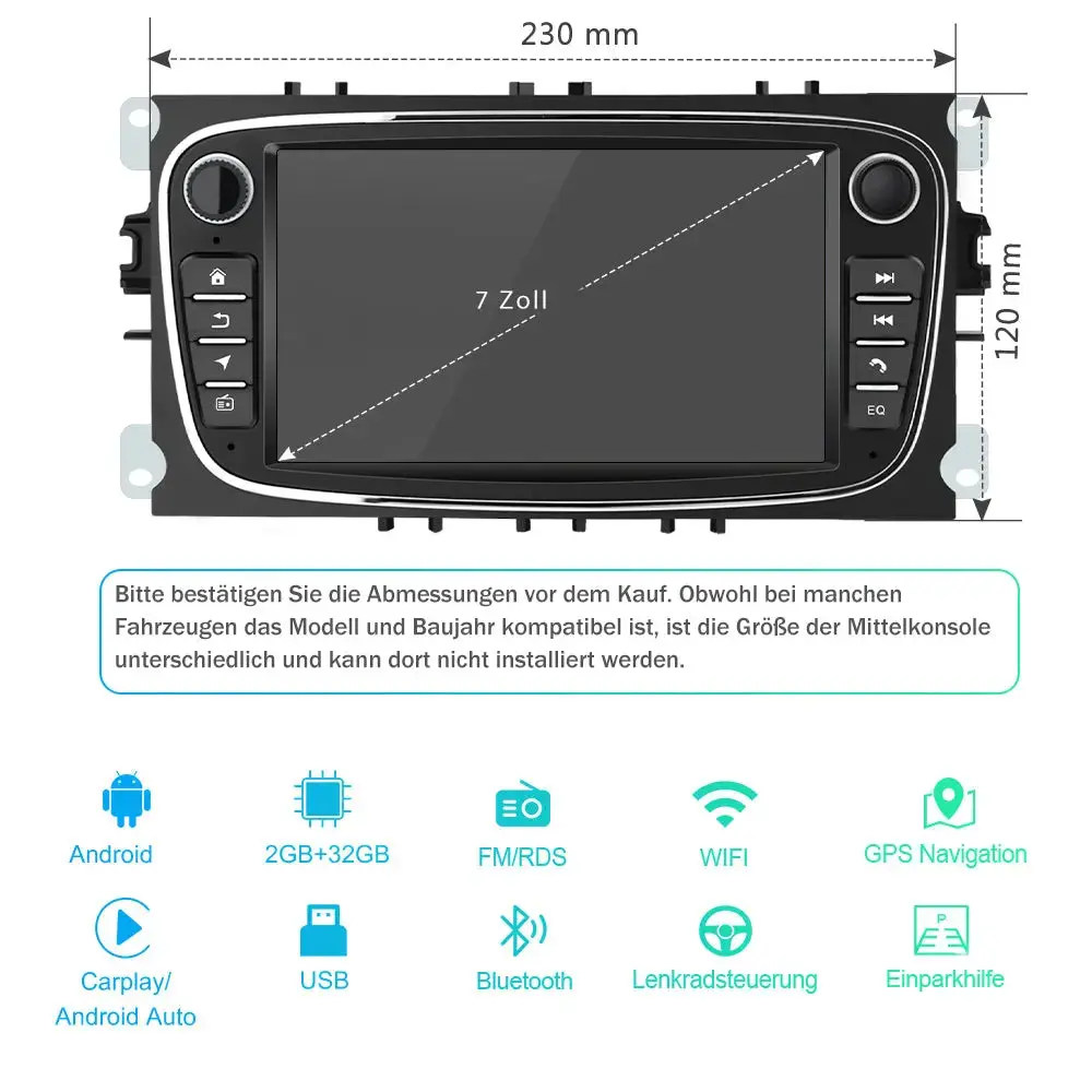 AWESAFE Radio Coche Android 13 2GB+32GB con Pantalla Táctil 7”para Ford Mondeo Focus S-Max Galaxy, Autoradio con Carplay/Android Auto/Bluetooth/GPS/FM (Negra) – Image 4