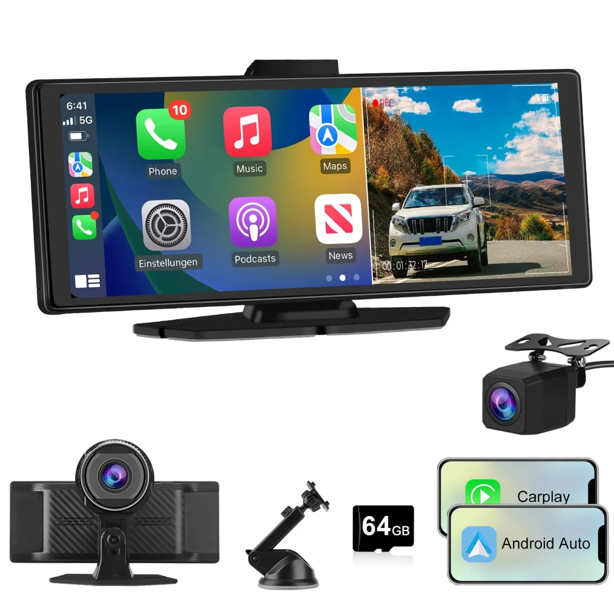 AWESAFE Android 13 10.26’‘ Screen Car Display Compatible with CarPlay and Android Auto,4K Dash Cam Front 1080P Reversing Camera Wireless Connect Radio