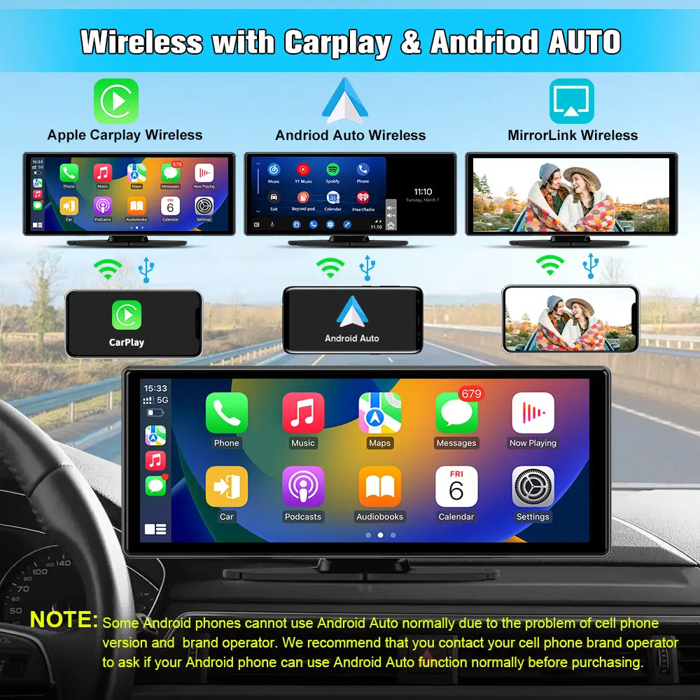 AWESAFE Android 13 10.26’‘ Screen Car Display Compatible with CarPlay and Android Auto,4K Dash Cam Front 1080P Reversing Camera Wireless Connect Radio – Image 3