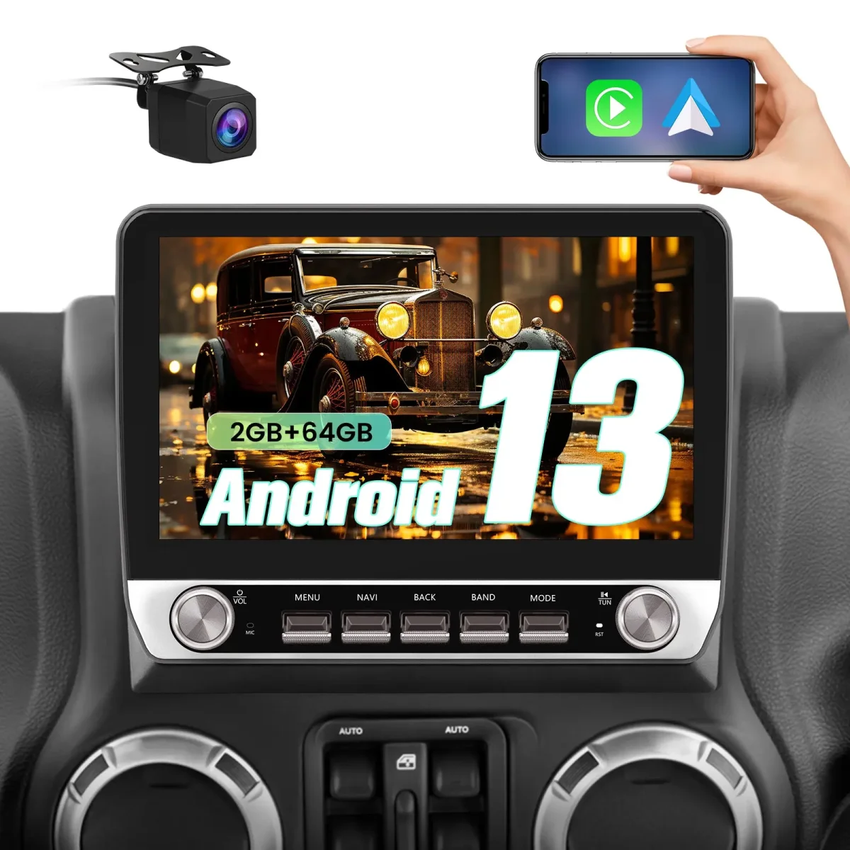 AWESAFE 10.1'' Android 13 Car Stereo 2G+64G Dual Knobs for Jeep Wrangler/Chrysler Sebring/Dodge Ram with Backup Camera,Bluetooth,FM , GPS, Wireless CarPlay & Android Auto