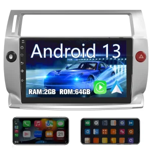 AWESAFE Radio para coche Android 13 (2 GB + 32 GB) para Citroën C4 (2004–2009) con pantalla táctil de 9 pulgadas, CarPlay, GPS, Wi-Fi, USB, Bluetooth y Android Auto.