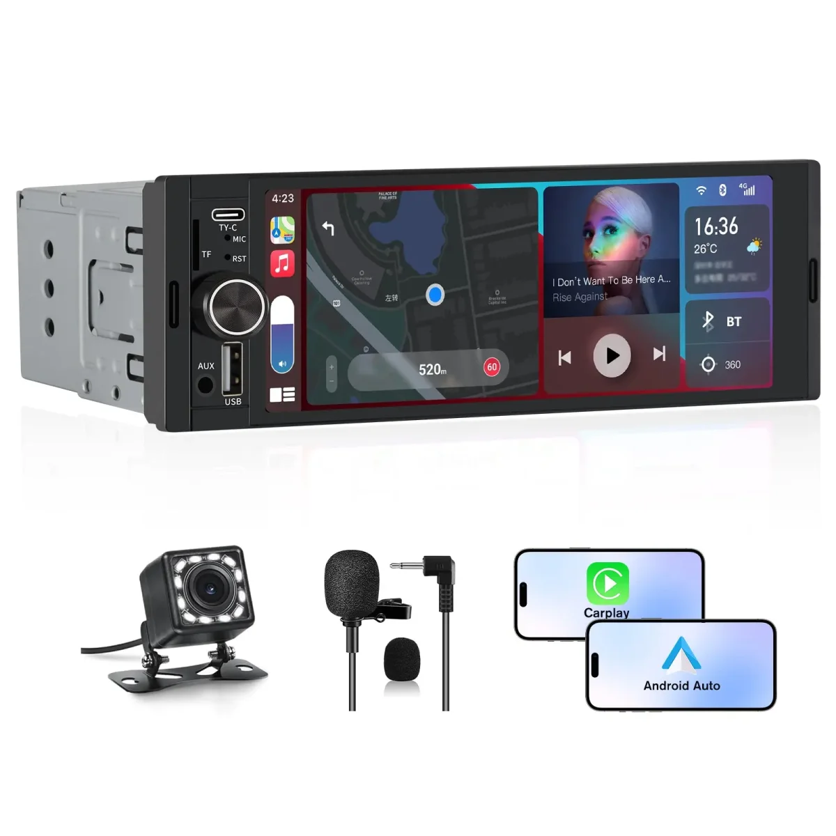 AWESAFE CarPlay & Android Auto Autoradio Screen 1 DIN Bluetooth 5.0, con schermo 6,36 pollici Touchscreen Lettore, Mirror Link/RDS FM Radio/USB/Type-C/Microfono/Telecamera di backup/MP5 Radio