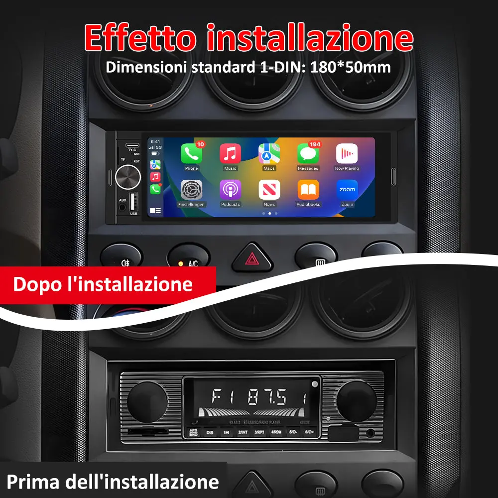 AWESAFE CarPlay & Android Auto Autoradio Screen 1 DIN Bluetooth 5.0, con schermo 6,36 pollici Touchscreen Lettore, Mirror Link/RDS FM Radio/USB/Type-C/Microfono/Telecamera di backup/MP5 Radio – Image 3
