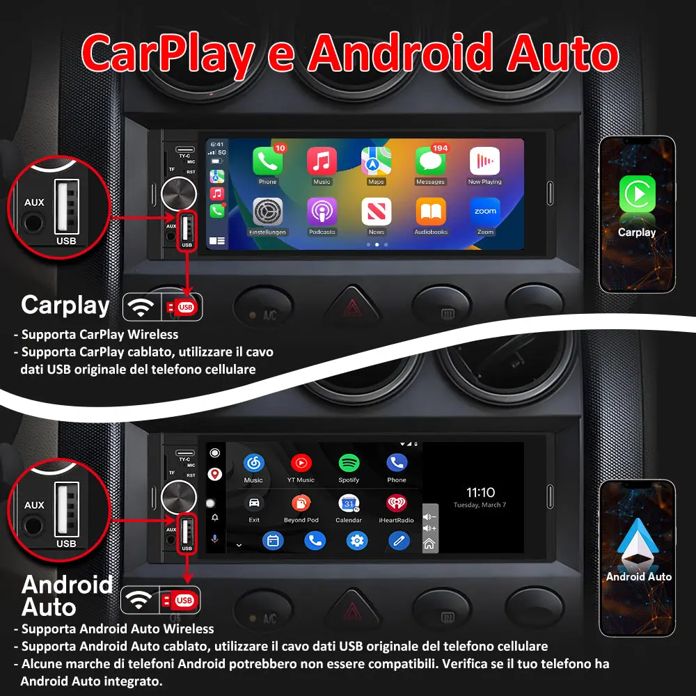 AWESAFE CarPlay & Android Auto Autoradio Screen 1 DIN Bluetooth 5.0, con schermo 6,36 pollici Touchscreen Lettore, Mirror Link/RDS FM Radio/USB/Type-C/Microfono/Telecamera di backup/MP5 Radio – Image 4