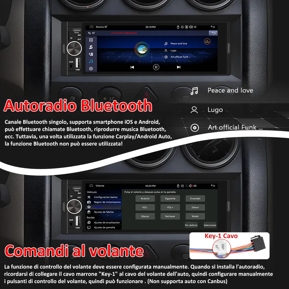 AWESAFE CarPlay & Android Auto Autoradio Screen 1 DIN Bluetooth 5.0, con schermo 6,36 pollici Touchscreen Lettore, Mirror Link/RDS FM Radio/USB/Type-C/Microfono/Telecamera di backup/MP5 Radio – Image 5