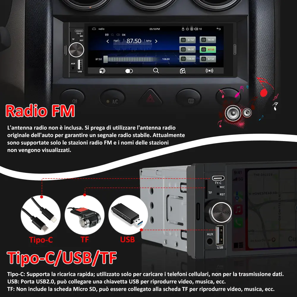 AWESAFE CarPlay & Android Auto Autoradio Screen 1 DIN Bluetooth 5.0, con schermo 6,36 pollici Touchscreen Lettore, Mirror Link/RDS FM Radio/USB/Type-C/Microfono/Telecamera di backup/MP5 Radio – Image 6