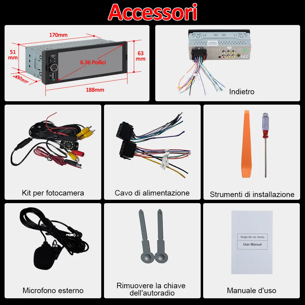 AWESAFE CarPlay & Android Auto Autoradio Screen 1 DIN Bluetooth 5.0, con schermo 6,36 pollici Touchscreen Lettore, Mirror Link/RDS FM Radio/USB/Type-C/Microfono/Telecamera di backup/MP5 Radio – Image 9