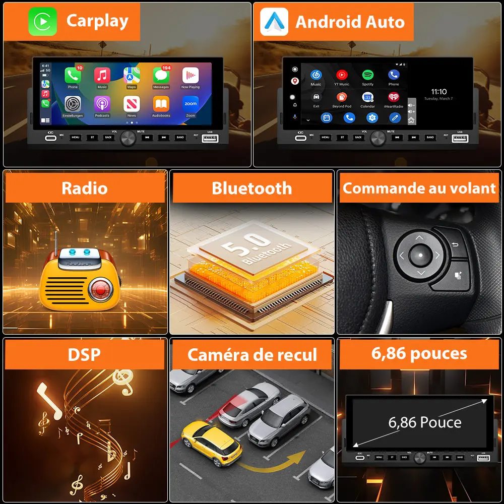 AWESAFE Autoradio 1 DIN avec Écran Tactile HD 6,86 pouces,CarPlay & Android Auto sans Fil Bluetooth FM USB Compatible Caméra de Recul – Image 3
