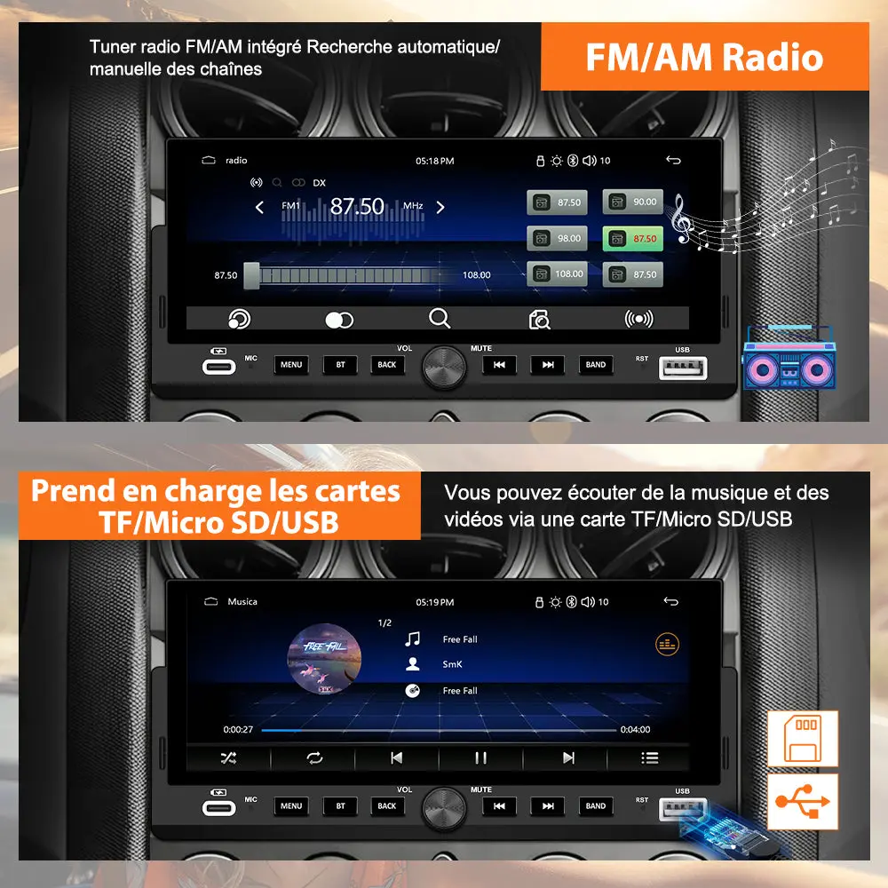 AWESAFE Autoradio 1 DIN avec Écran Tactile HD 6,86 pouces,CarPlay & Android Auto sans Fil Bluetooth FM USB Compatible Caméra de Recul – Image 6