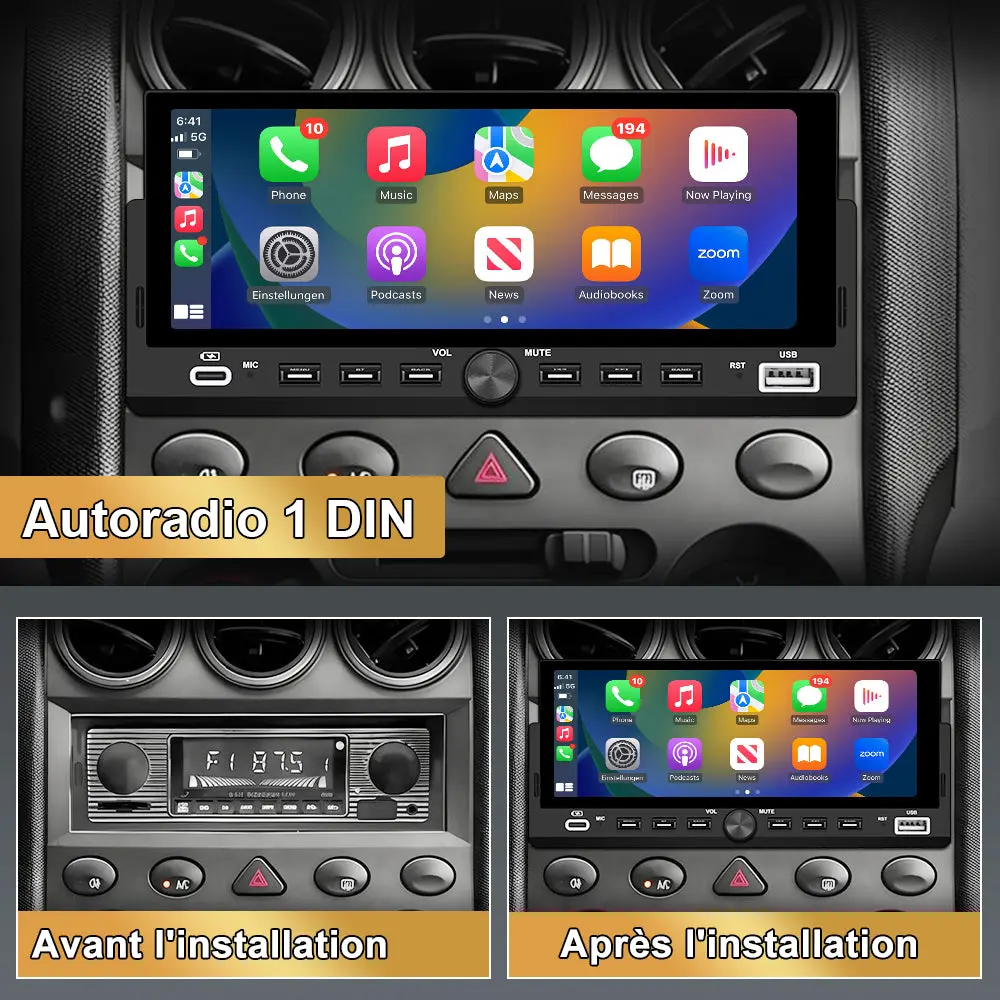 AWESAFE Autoradio 1 DIN avec Écran Tactile HD 6,86" ,CarPlay & Android Auto sans Fil Bluetooth FM Caméra et microphone – Image 3