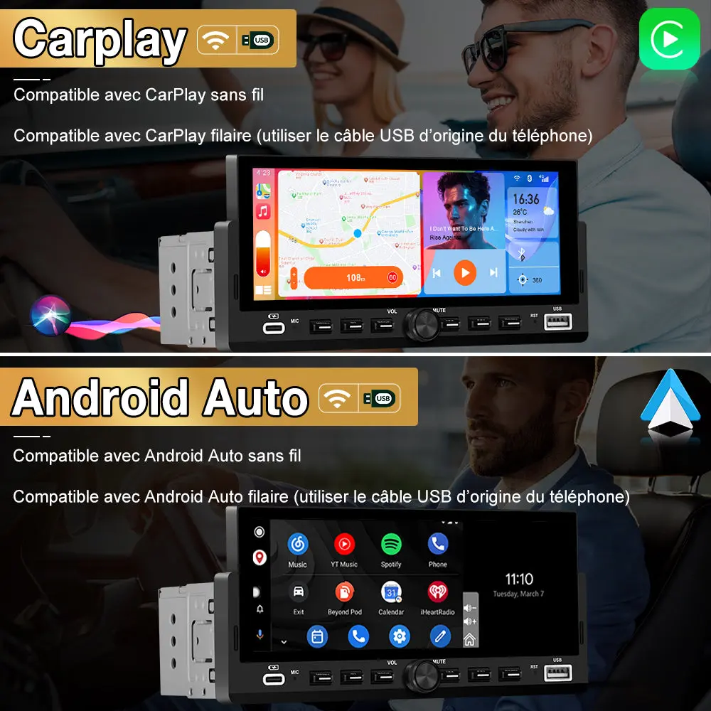 AWESAFE Autoradio 1 DIN avec Écran Tactile HD 6,86" ,CarPlay & Android Auto sans Fil Bluetooth FM Caméra et microphone – Image 4