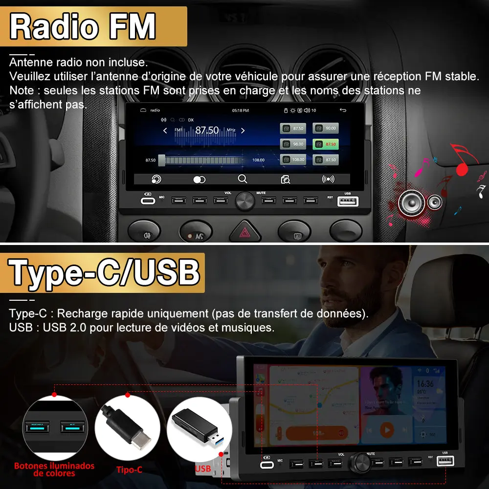 AWESAFE Autoradio 1 DIN avec Écran Tactile HD 6,86" ,CarPlay & Android Auto sans Fil Bluetooth FM Caméra et microphone – Image 6