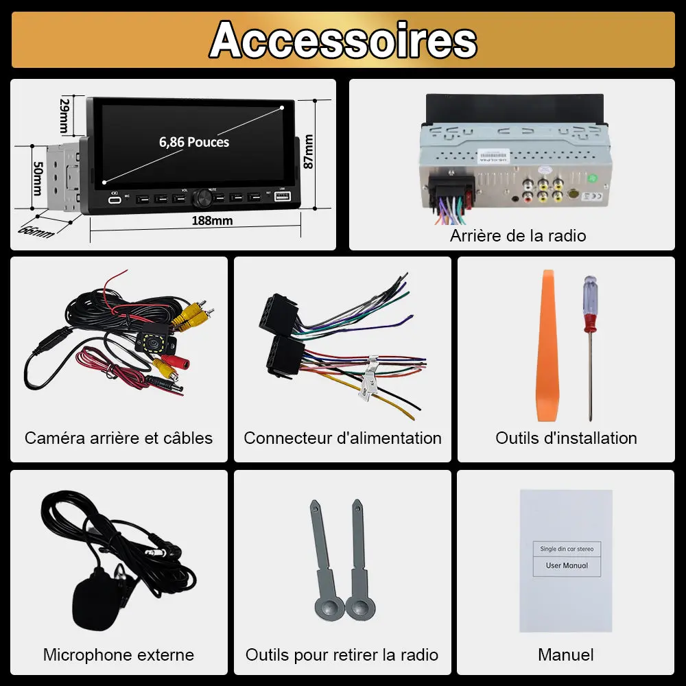 AWESAFE Autoradio 1 DIN avec Écran Tactile HD 6,86" ,CarPlay & Android Auto sans Fil Bluetooth FM Caméra et microphone – Image 9