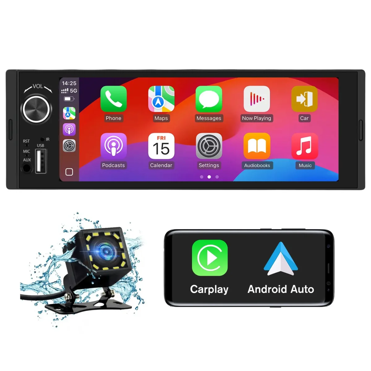 AWESAFE Autoradio 1DIN avec écran tactile 6,36 pouces, A-pple CarPlay sans fil, Android Auto sans fil, Mirror Link, Bluetooth, transmetteur FM, caméra de recul et microphone intégré pour voiture