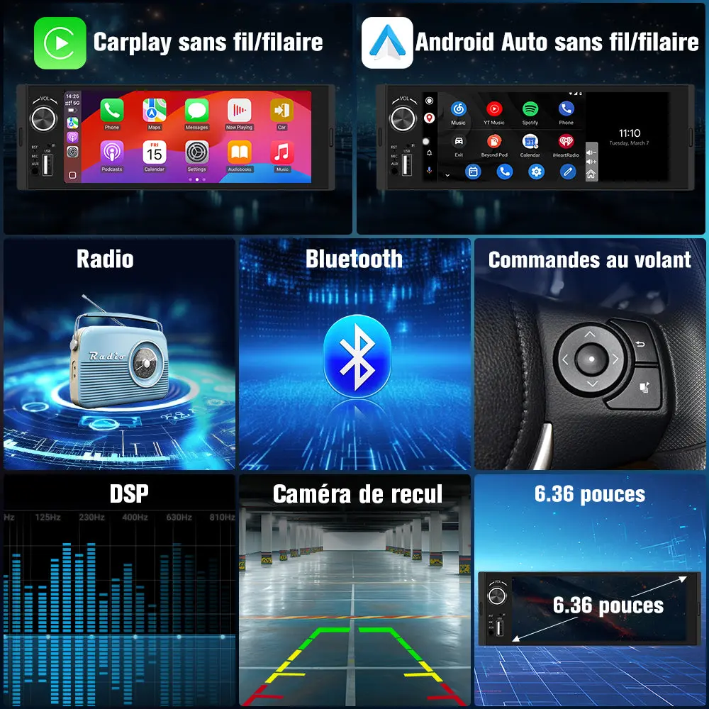 AWESAFE Autoradio 1DIN avec écran tactile 6,36 pouces, A-pple CarPlay sans fil, Android Auto sans fil, Mirror Link, Bluetooth, transmetteur FM, caméra de recul et microphone intégré pour voiture – Image 3