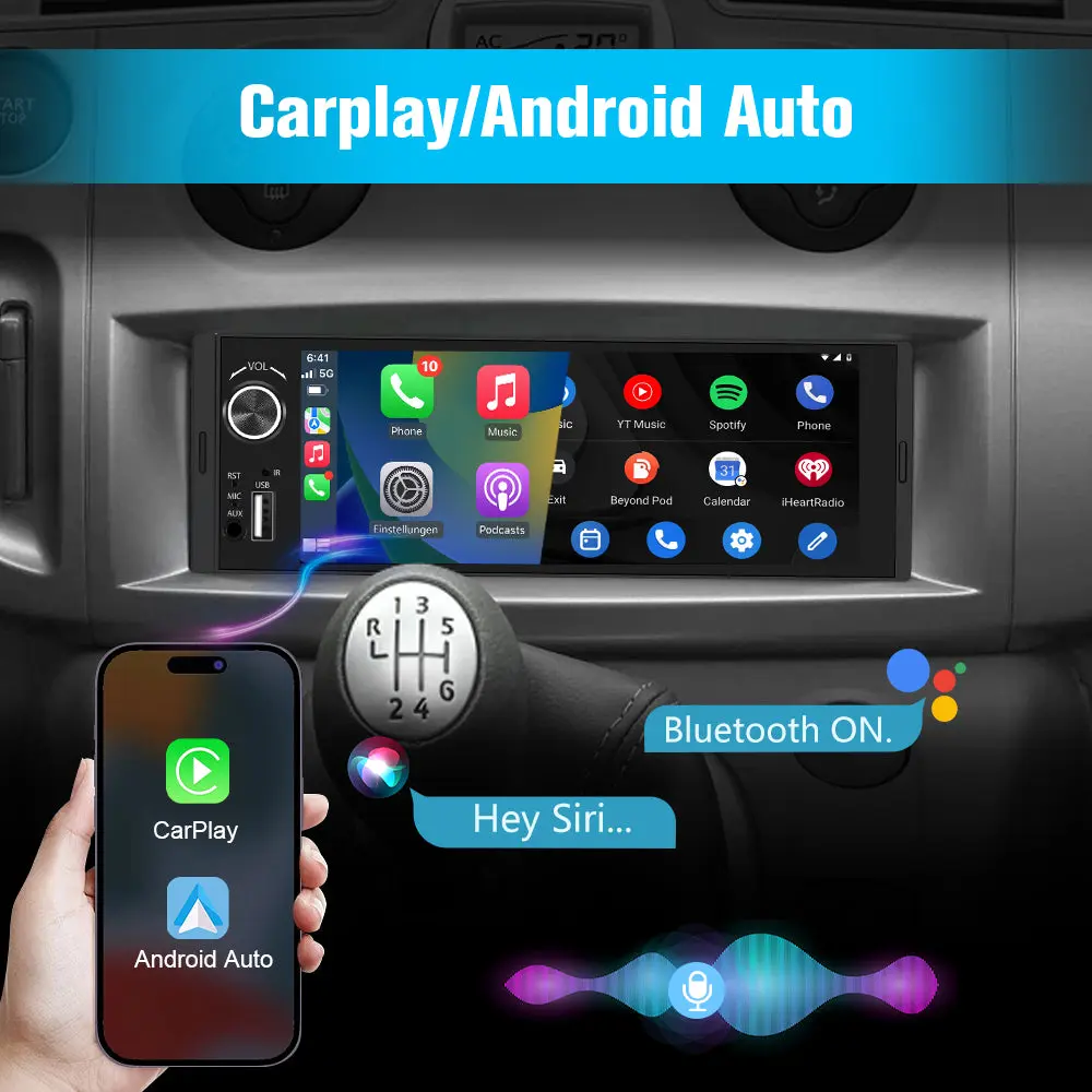 AWESAFE Autoradio 1DIN avec écran tactile 6,36 pouces, A-pple CarPlay sans fil, Android Auto sans fil, Mirror Link, Bluetooth, transmetteur FM, caméra de recul et microphone intégré pour voiture – Image 4