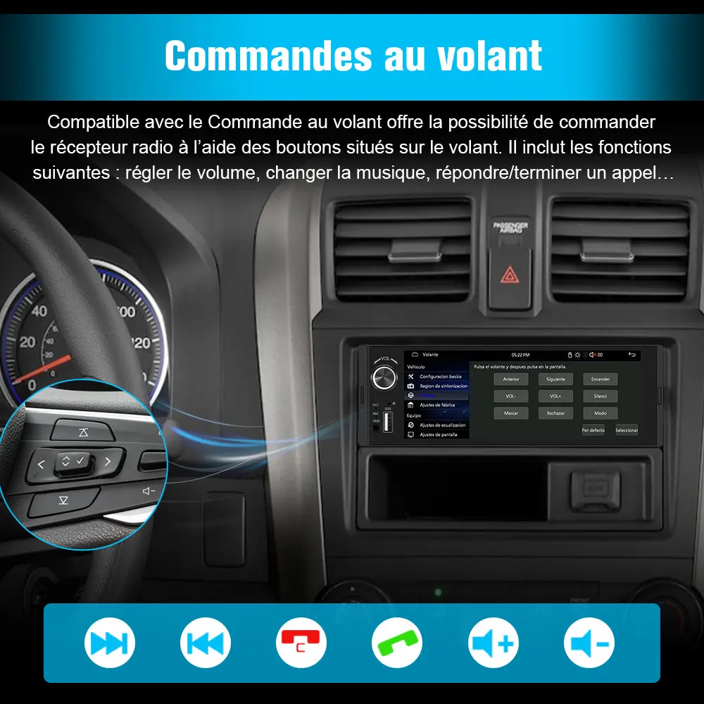 AWESAFE Autoradio 1DIN avec écran tactile 6,36 pouces, A-pple CarPlay sans fil, Android Auto sans fil, Mirror Link, Bluetooth, transmetteur FM, caméra de recul et microphone intégré pour voiture – Image 7