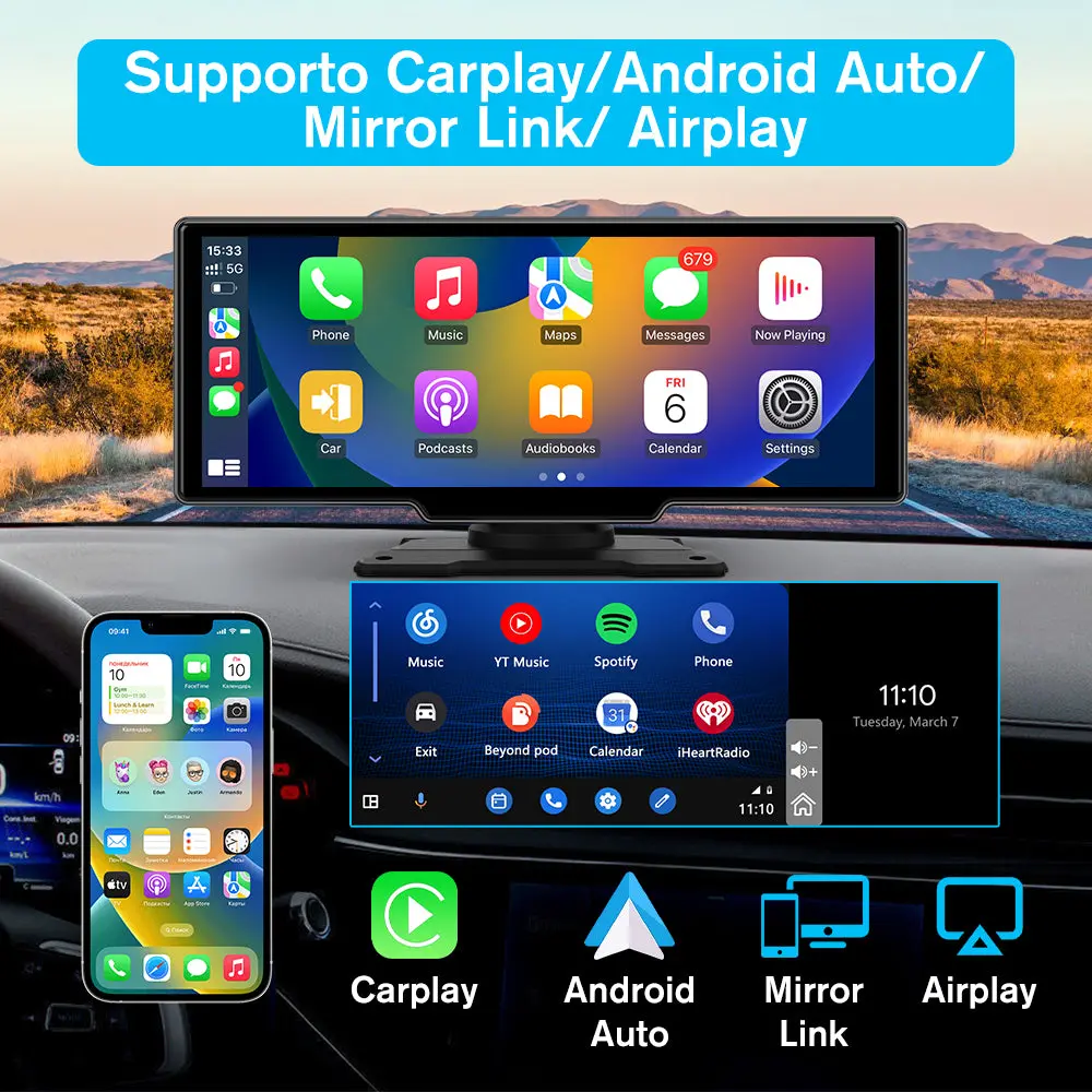 AWESAFE Autoradio Wireless CarPlay e Android Auto, Schermo 10,26 Pollici Touchscreen,4K Dashcam Anteriore e 1080P Posteriore Bluetooth con Navigatore GPS, Mirror Link, Assistente Vocale, AUX, FM – Image 3
