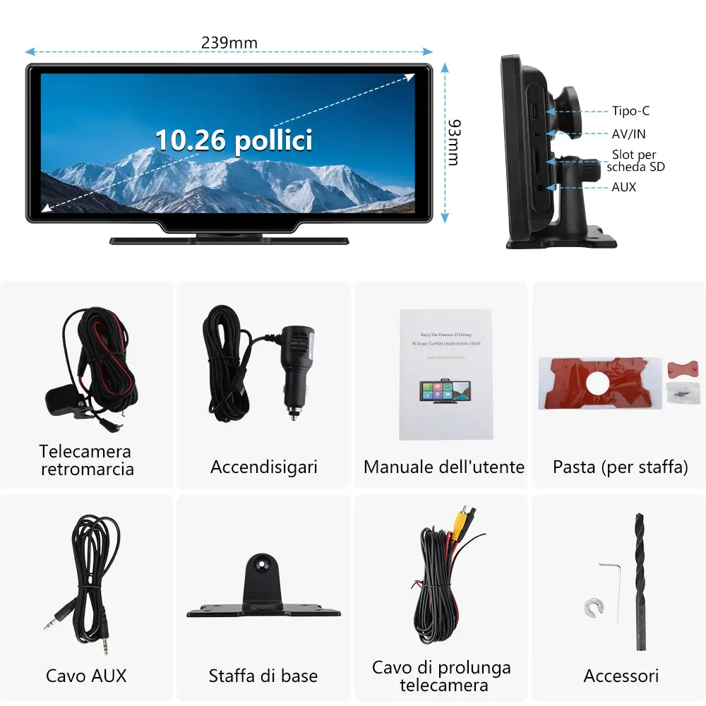 AWESAFE Autoradio Wireless CarPlay e Android Auto, Schermo 10,26 Pollici Touchscreen,4K Dashcam Anteriore e 1080P Posteriore Bluetooth con Navigatore GPS, Mirror Link, Assistente Vocale, AUX, FM – Image 8