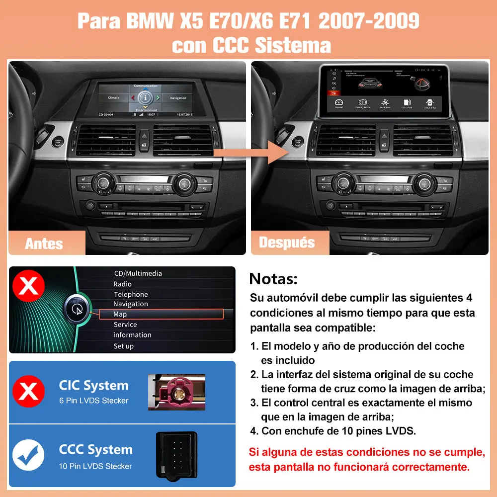 AWESAFE Autoradio para BMW X5 E70/X6 E71  2007-2009 con Sistema CCC,Radio de Coche Android 13 8 Core 4+64 GB con GPS Carplay Sistema Android Auto iDrive, Pantalla Táctil de 10.25 Pulgadas Soporta Tarjeta – Image 3