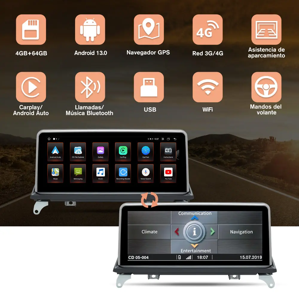 AWESAFE Autoradio para BMW X5 E70/X6 E71  2007-2009 con Sistema CCC,Radio de Coche Android 13 8 Core 4+64 GB con GPS Carplay Sistema Android Auto iDrive, Pantalla Táctil de 10.25 Pulgadas Soporta Tarjeta – Image 4