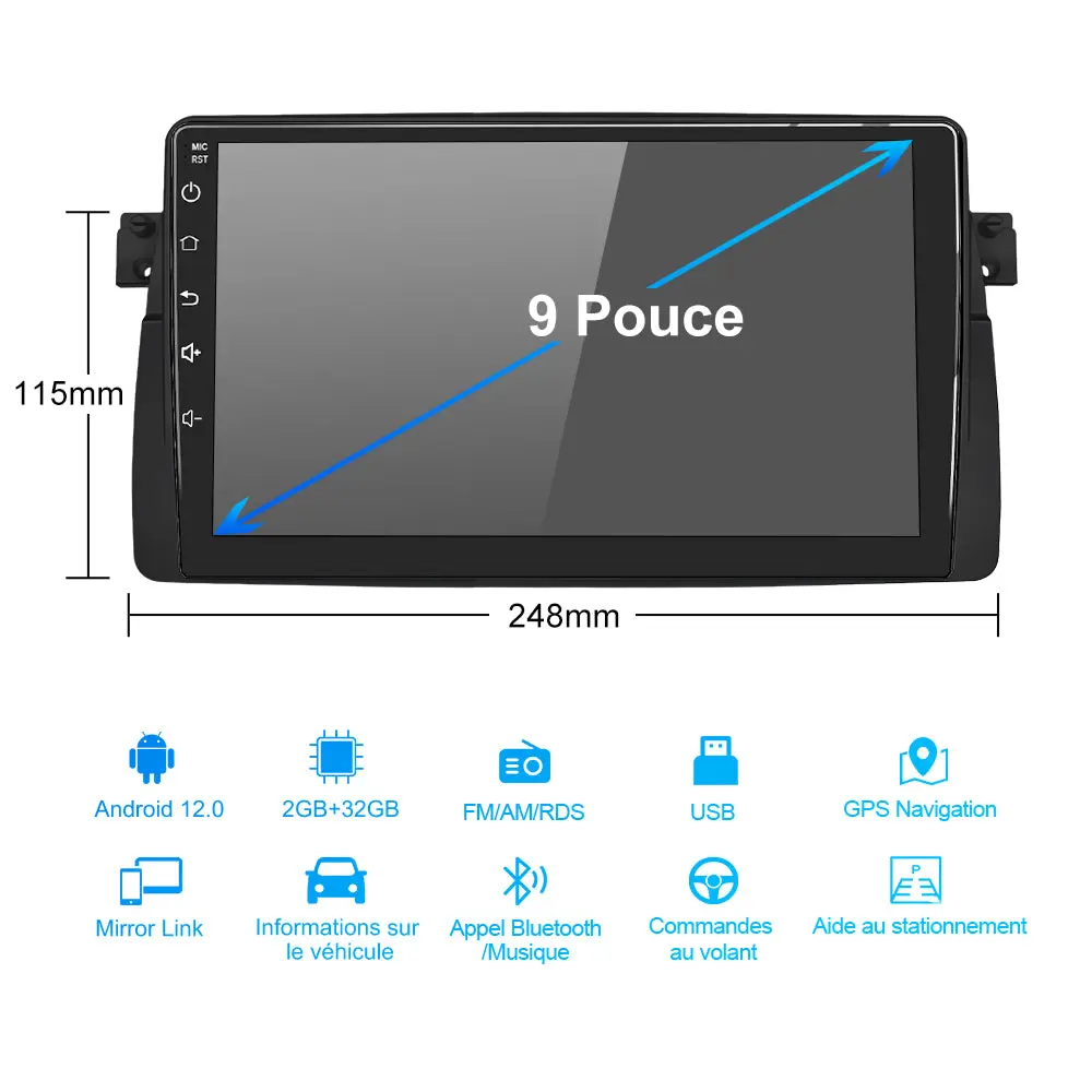 AWESAFE Autoradio pour BMW E46 Système Android 12 Écran Tactile HD 9" Carplay et Android Auto Navigation GPS RDS Bluetooth WiFi Commande au Volant 2 Go + 32 Go – Image 3
