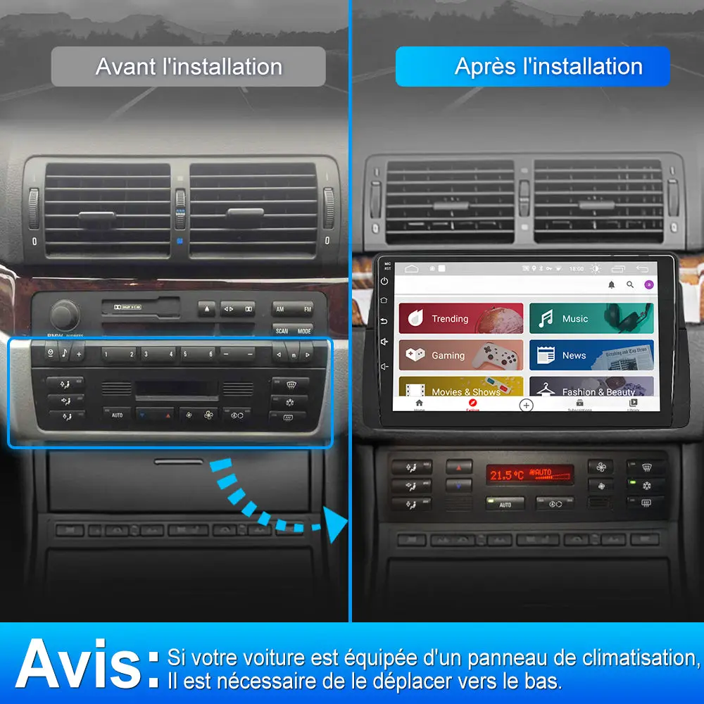 AWESAFE Autoradio pour BMW E46 Système Android 12 Écran Tactile HD 9" Carplay et Android Auto Navigation GPS RDS Bluetooth WiFi Commande au Volant 2 Go + 32 Go – Image 4