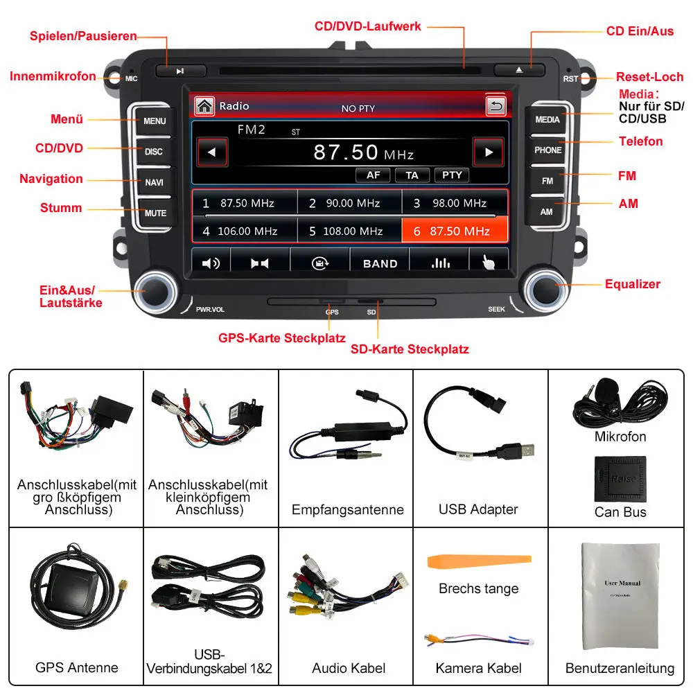 AWESAFE 2 DIN Autoradio 7 Zoll Bildschirm Touchscreen für VW Seat Skoda mit CD-Laufwerk Autoradio,GPS/Bluetooth – Image 8