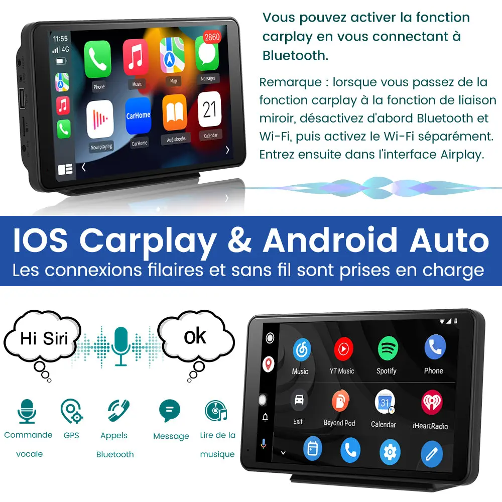 AWESAFE CarPlay Voiture 7 Pouces Touchscreen,Compatible Avec Ios Carplay et Android Auto sans Fil/Android Lien Miroir/Bluetooth/FM Sender – Image 3