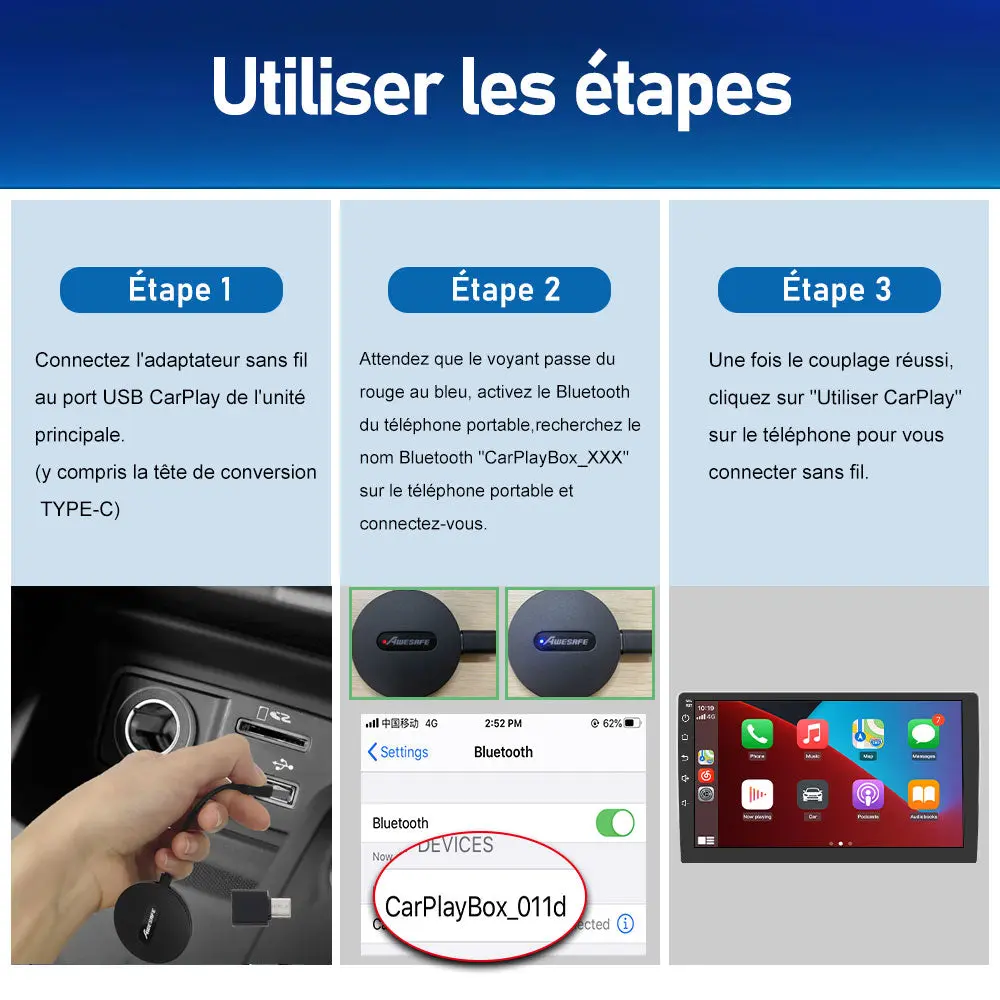 AWESAFE CarPlay sans Fil pour Les Voitures équipées de CarPlay, pour Renault, Volkswagen, Volvo, Citroën, Ford, Toyota, Peugeot, Kia, Opel, convertit Filaire en CarPlay – Image 6