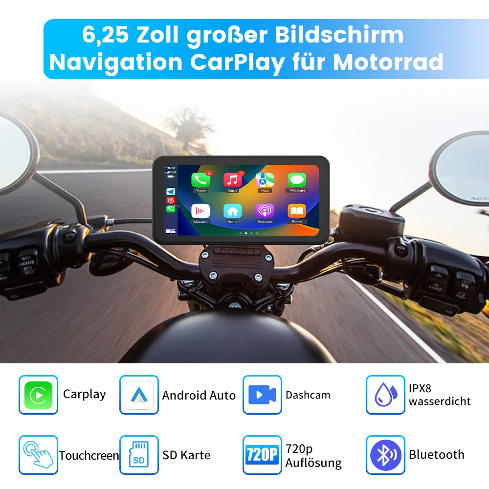 AWESAFE Carplay Bildschirm für Motorräder 625 Zoll Touchscreen IPX8 mit SD Karte 2K Dashcam Android Auto geeignet für alle Motorradtypen – Image 3