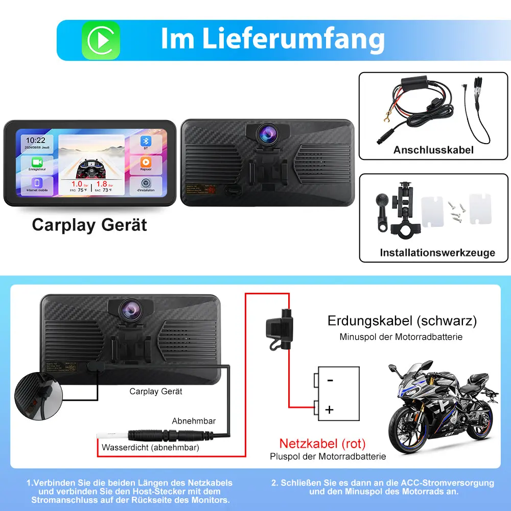 AWESAFE Carplay Bildschirm für Motorräder 625 Zoll Touchscreen IPX8 mit SD Karte 2K Dashcam Android Auto geeignet für alle Motorradtypen – Image 8