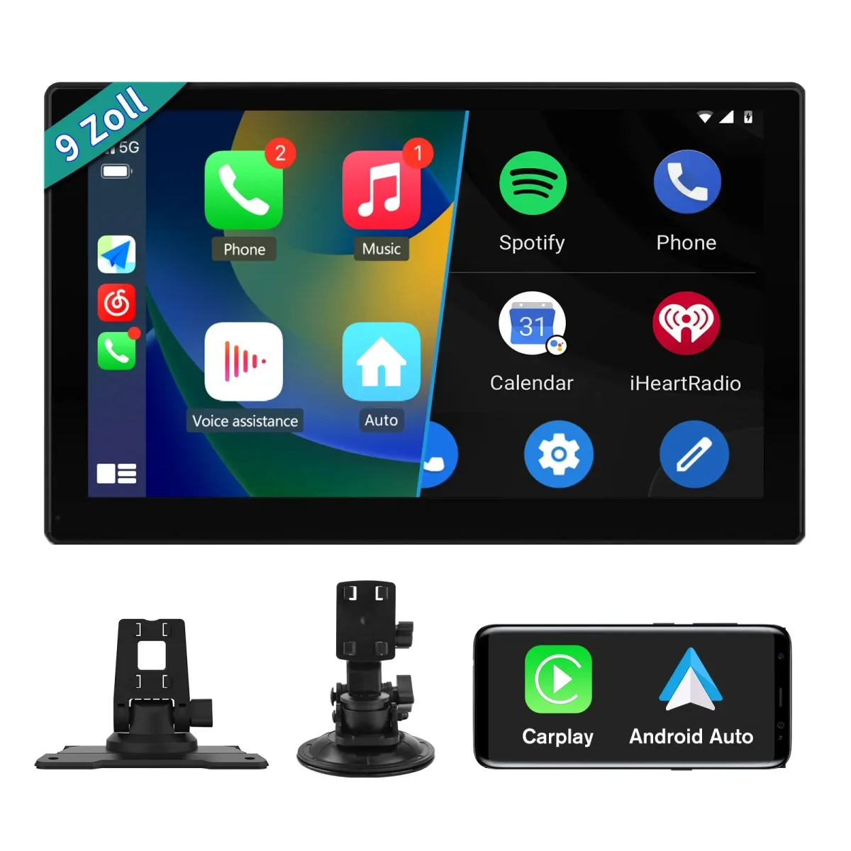 AWESAFE Carplay Voiture Android Auto sans Fil, 9 Pouces IPS HD Écran avec Bluetooth AirPlay AutoLink Transmetteur FM, Type C/AUX/TF Card Port-Noir