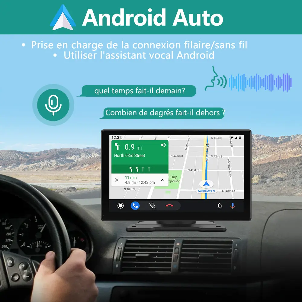 AWESAFE Carplay Voiture Android Auto sans Fil, 9 Pouces IPS HD Écran avec Bluetooth AirPlay AutoLink Transmetteur FM, Type C/AUX/TF Card Port-Noir – Image 4