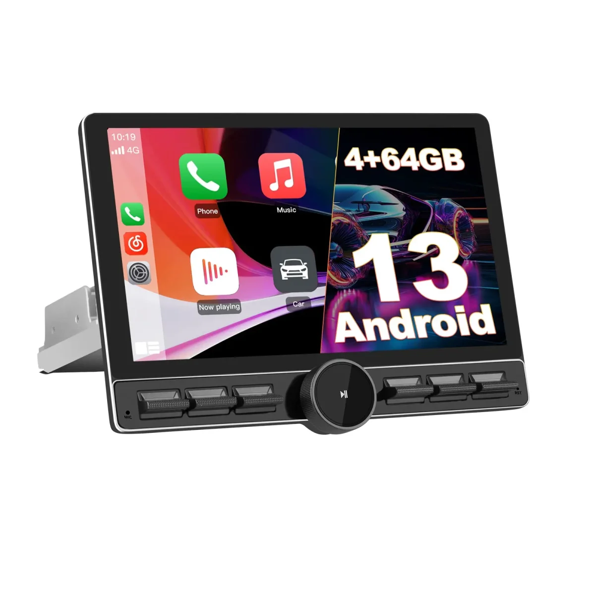 AWESAFE Estéreo para Coche Android 13 con 4G+64GB, Pantalla Táctil Rotatoria de 10.6 Pulgadas y Única DIN, Bluetooth, 4G, GPS, Radio FM/AM, Receptor, CarPlay y Android Auto Inalámbricos – Image 2