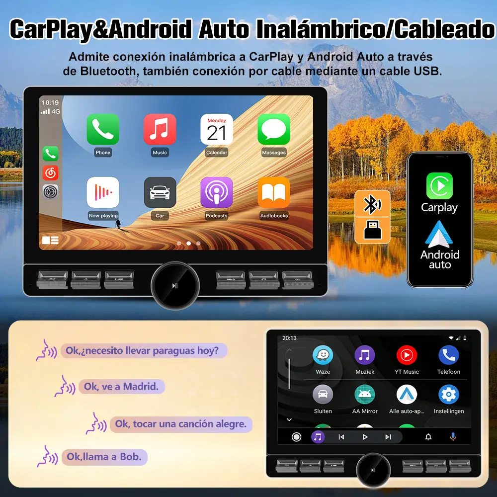 AWESAFE Estéreo para Coche Android 13 con 4G+64GB, Pantalla Táctil Rotatoria de 10.6 Pulgadas y Única DIN, Bluetooth, 4G, GPS, Radio FM/AM, Receptor, CarPlay y Android Auto Inalámbricos – Image 3