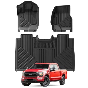 AWESAFE Floor Mats For Ford F150 2015-2025 Supercrew Cab w/Carpet & w/out Fold Flat Storage,All Weather Car Liners Mats,Front & 2nd Row, 3-pc Black